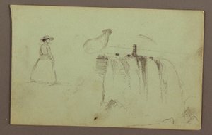 A Walking Girl, a Crouching Chicken, and the American Falls on Niagara River, possibly 1856