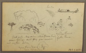 Drawing, Church, Towers; Verso: Figures in Canoe, Botanical Sketches, 1857