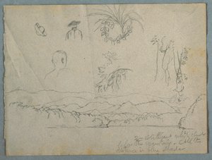 River Bank with Mountains and Clouds, Three Botanical Sketches and Busts Studies of Men with Hats, 1853