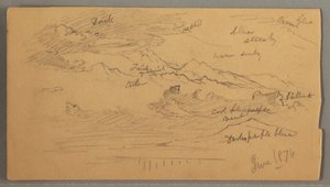 Sharp mountain peaks, cloudy sky, June 1874