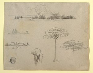 Sketches from Colombia: River Landscape, Men on Rafts, and Trees, 1853 by Frederic Edwin Church