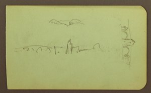 Hills, Church, Bridge; Figure, Cross, Church, 1883