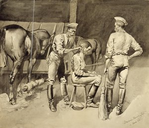 A Haircut in a Cavalry Stable by Frederic Remington