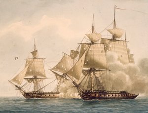 Fighting between French Frigate Amazone and British Frigate Santa Marguerita at Chesapeake Bay by Frederic Roux