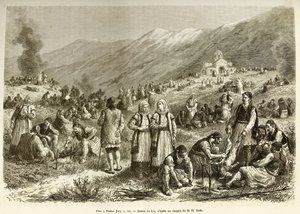 A feast in Thebes, that of the careme of the Virgin, bringing together all the inhabitants of the city and the surrounding area, each family robs a sheep for the occasion, in the foreground, men prepare the animal before cooking it. Engraving after the dra by Frederic Theodore Lix