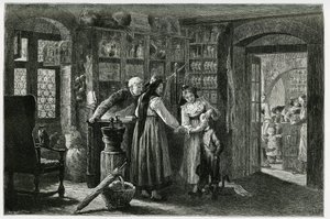 At the pharmacist of the village of Kaysersberg, an emergency consultation. Engraving to illustrate the story 