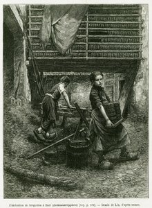 Child labour in briquetting, Barr. Engraving to illustrate the story A Through Alsace and Lorraine, in 1887, by Charles Grad, in the tour du monde 1888, directed by Edouard Charton, Hachette, Paris. by Frederic Theodore Lix