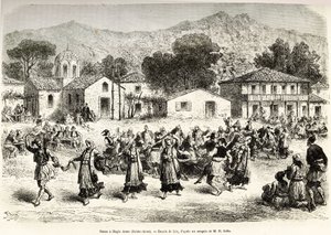 Folk dance in the village square Haggia Anna (St. Anne). Engraving after the drawing of Lix, to illustrate the voyage in Greece, by Henri Belle, in 1861-1868-1874, published in Le tour du monde 1876, edited by Edouard Charton, Hachette edition, Paris by Frederic Theodore Lix