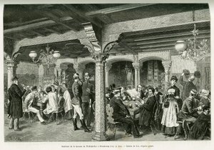 Interior of the Tiefenkeller tavern in Strasbourg. Engraving by Lix, to illustrate the story 