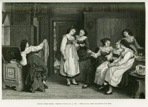 The old Alsatian costume. Engraving after a painting Present de Noces by Pabst, to illustrate the story A Through Alsace and Lorraine, by Charles Grad, in 1885, in the tour du monde 1887, under the direction of Edouard Charton. by Frederic Theodore Lix