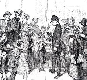 A policeman and passers-by trying to help a lost child by Frederick Barnard
