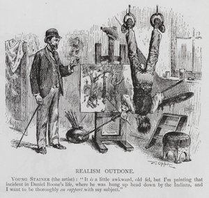 Artist painting Daniel Boone captured by Native Americans and hung upside down by Frederick Burr Opper