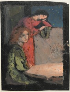 Two Girls by a Table Look Out on a Starry Night by Frederick Cayley Robinson