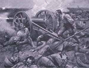 The defence of Dewetsdorp: working a 15 pounder single handed (illustration from After Pretoria: The Guerilla War) by Frederick Judd Waugh