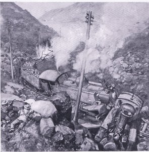 The wrecking of an armoured train near Vlakfontein (illustration from After Pretoria: The Guerilla War, 1902) by Frederick Judd Waugh