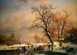 Frozen Winter Landscape with Skaters by Frederick Marianus Kruseman