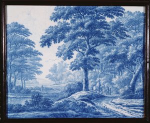 A very rare Dutch Delft blue and white rectangular plaque, depicting wayfarers on a road in a wooded landscape by Frederik van Frijtom