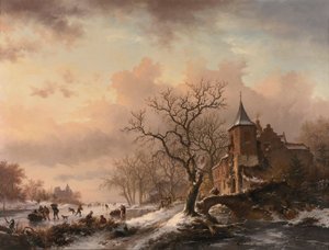 Castle in a Winter Landscape and Skaters on a Frozen River by Fredrik Marinus Kruseman