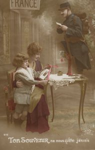 A mother and child prepare a letter for their soldier father by French Photographer