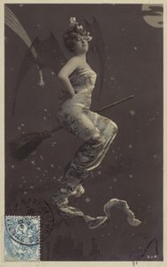 A Young Woman Sitting on a Broomstick and Flying Over Rooftops