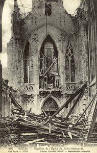 Damaged interior of the Church of Saint-Sacrement, Arras, France, World War I by French Photographer