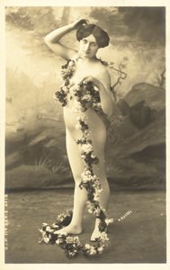 Girl in Body Stocking Holding Garland of Flowers by French Photographer