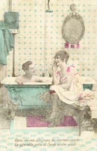 Girl, smoking, talking to man in bath by French Photographer