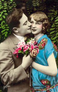 Man Carrying Flowers, Kissing Pretty Girl on the Cheek