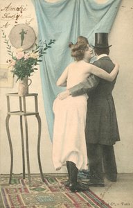 Man in Top Hat with Arm Around Half-Dressed Woman by French Photographer