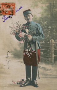 Soldier carrying a bunch of flowers, New Year