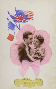 Souvenir card, showing French, English and American flags