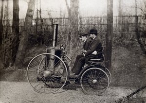 The first steam vehicle driven by the Count of Dion by French Photographer