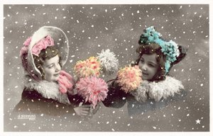 Two girls holding flowers, in the snow by French Photographer