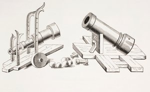 15th century cannons, with fixed gun carriage (right) and rolling gun carriage (left) from Les Arts au Moyen Age, published 1873 by French School