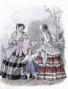 2 Fashionable Women with a Girl on a Walk - in Journal des Demoiselles 1852 by French School