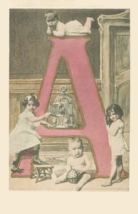 Four young children, a cage and a cacatoes