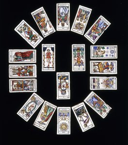 French stoneware tile panel, decorated with a deck of Marseilles Tarot cards