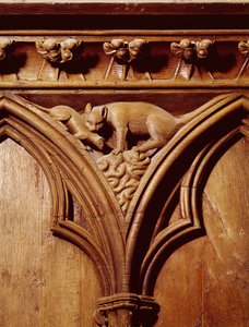 A cat and mouse, from a choir stall