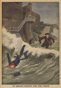 A child swept away by a wave (colour lithograph) by French School