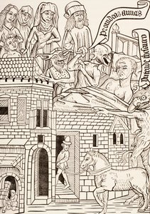 A dying sinner surrounded by his family and two devils whisper in his ear, page from the 15th century text Ars Moriendi or The Art of Dying, from Les Artes au Moyen Age, published 1873 by French School