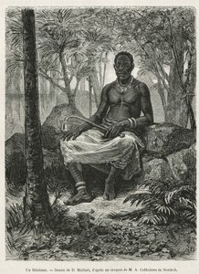 A Feticheur, Sorcerer Able to Use the Magic Force of Fetiches, Drawing by D. Maillart, to Illustrate the Story of a Trip to Gabon and the Ogoue River, in 1875-1877, by Alfred Marche. Engraving in Le Tour du Monde