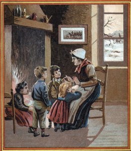 A mother tells stories to her children by the fire. Cover of the book 