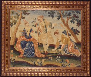 A Needlework Picture of Woman in a Park with a Birdcage by French School