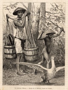 A resident of Hatien (Vietnam) carrying buckets and basket and a child hunting a goose with a stick (engraving after a drawing by Robin illustrating the voyage to Cochinchine by Doctor Morice, 1872, published in 