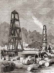 A source of petroleum at Oil Creek on the Allegheny River, Pennsylvania, U.S.A. in 1858, discovered by Edwin Laurentine Drake, aka Colonel Drake, from 