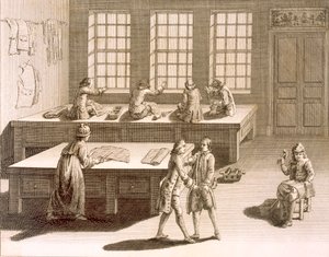 A tailors workshop, from the Encyclopedie des Sciences et Metiers by Denis Diderot published c.1770