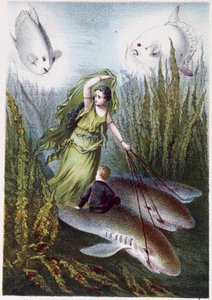 A Woman and a Boy Fleeing Giant Fish on Sharks - in Journey to the Bottom of the Sea by H. de la Blanchère