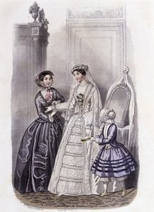 A Woman in a Wedding Dress Surrounded by a Girl and a Lady - in Journal des Demoiselles 1852 by French School