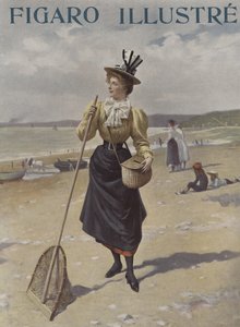 A Woman Walking Along a Beach Carrying Fishing Equipment by French School