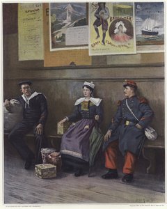 A Young Woman Sitting Between a Sailor and a Soldier